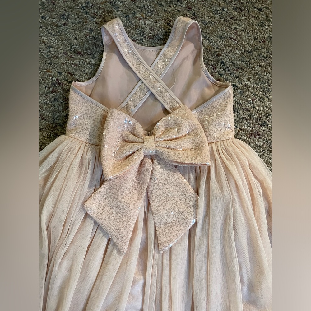 Blush formal dress with bow in the back.